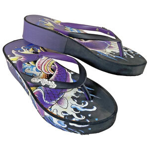 Ed Hardy Flip Flops Size 7 / 8 Purple Fish Tattoo Y2K Sandals Black Streetwear